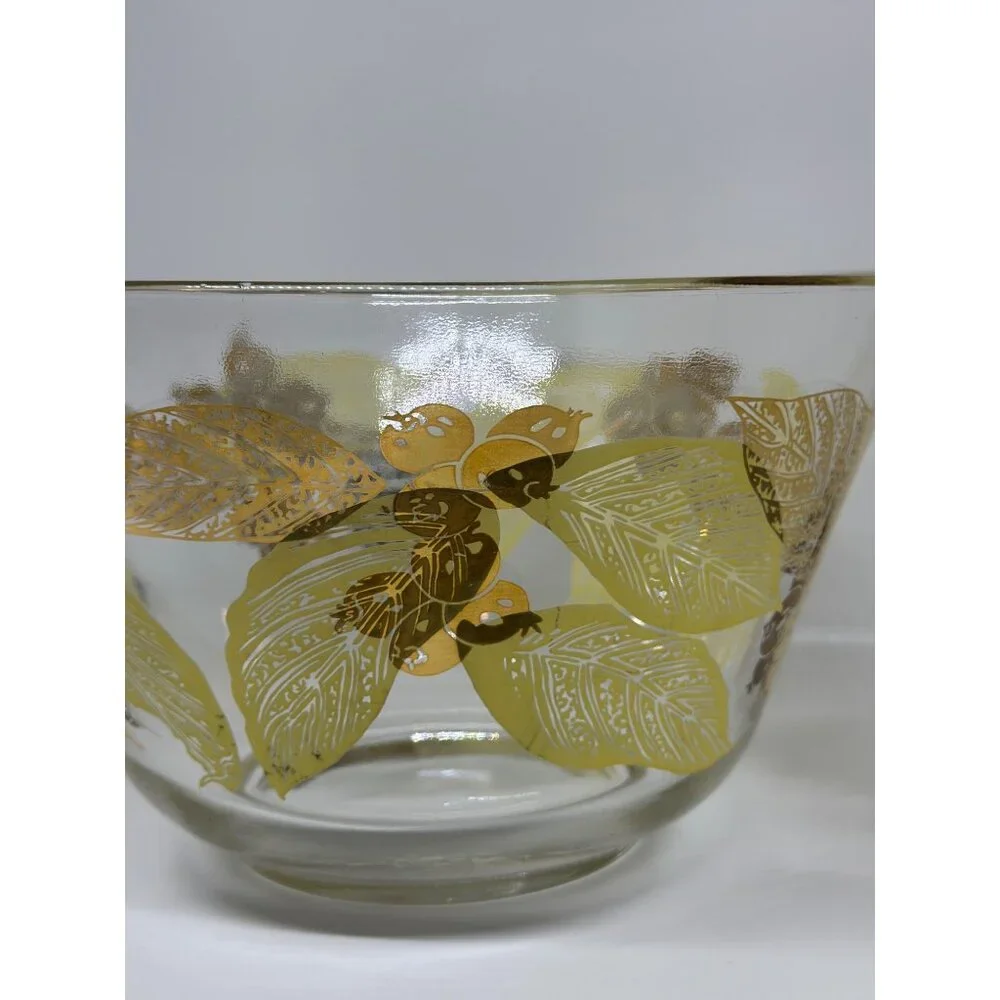 Vintage Anchor Hocking Gold Painted Fruit & Leaves MCM Glass Snack Bowl 6